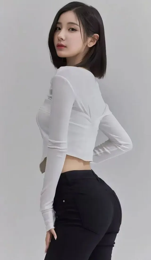 灰色纯色背景下，短发白衣黑裤的年轻女性侧身回头看向镜头。