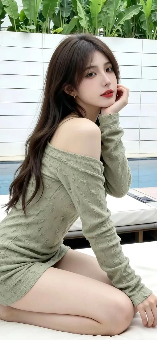 长发绿裙美女跪坐于泳池边，背景为白砖墙与绿植，夏日清新。