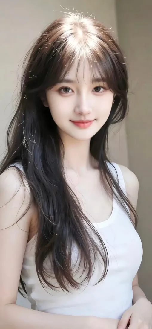 长发白衣年轻女性半身近景，浅米色简约室内背景，柔和光线，面带微笑
