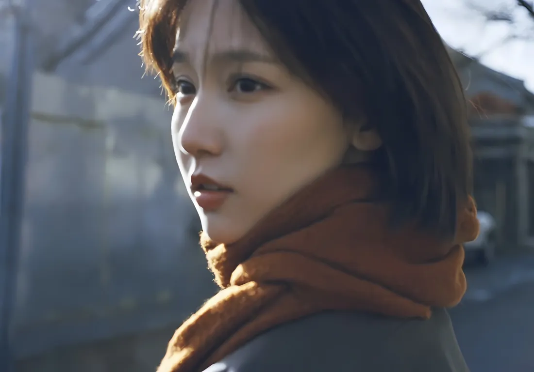 冬日户外，戴棕色围巾的短发女生侧脸近景，背景为虚化的车棚街景