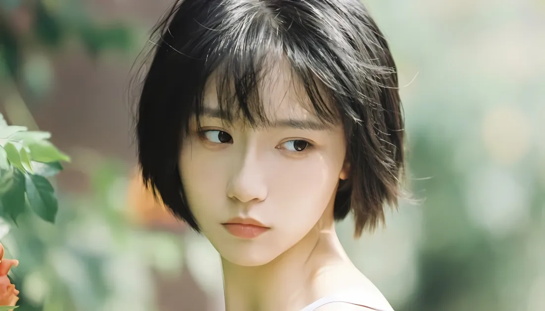 户外绿植背景下的短发年轻女性面部特写，清新柔和