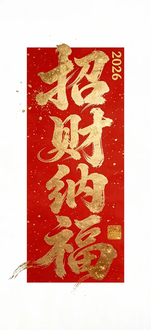 红底洒金竖幅上书写金色毛笔书法“招财纳福”，旁侧标注2026字样