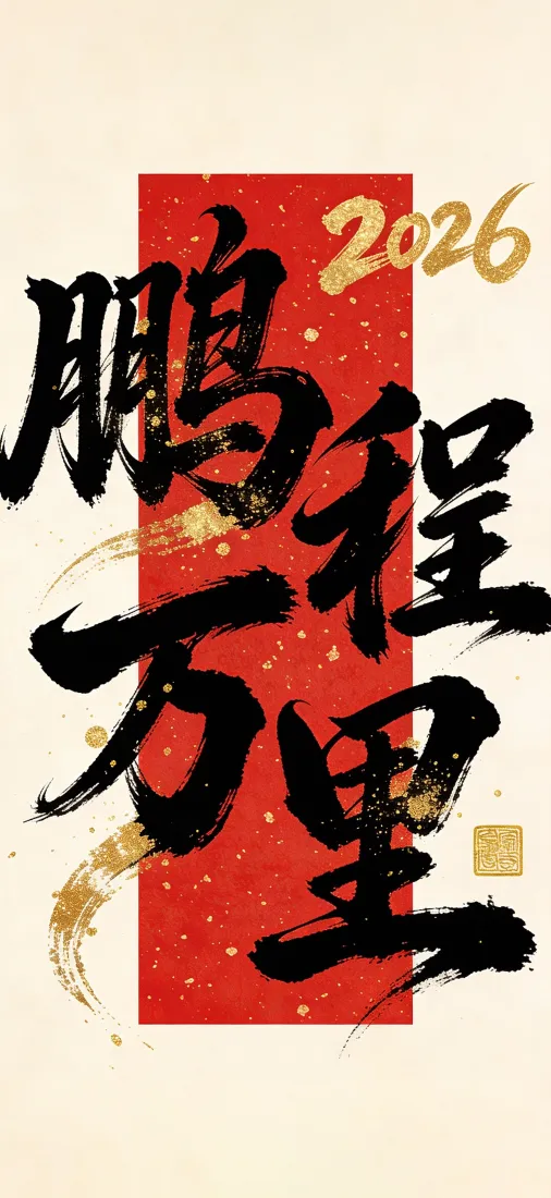 米白底色配红底洒金竖块，黑色毛笔书法书写鹏程万里，搭配金色2026字样与金饰点缀