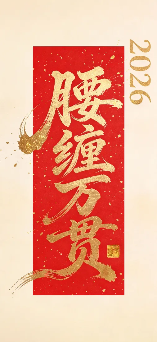 米白背景上红底金墨竖排书法腰缠万贯，旁侧标注2026新年字样