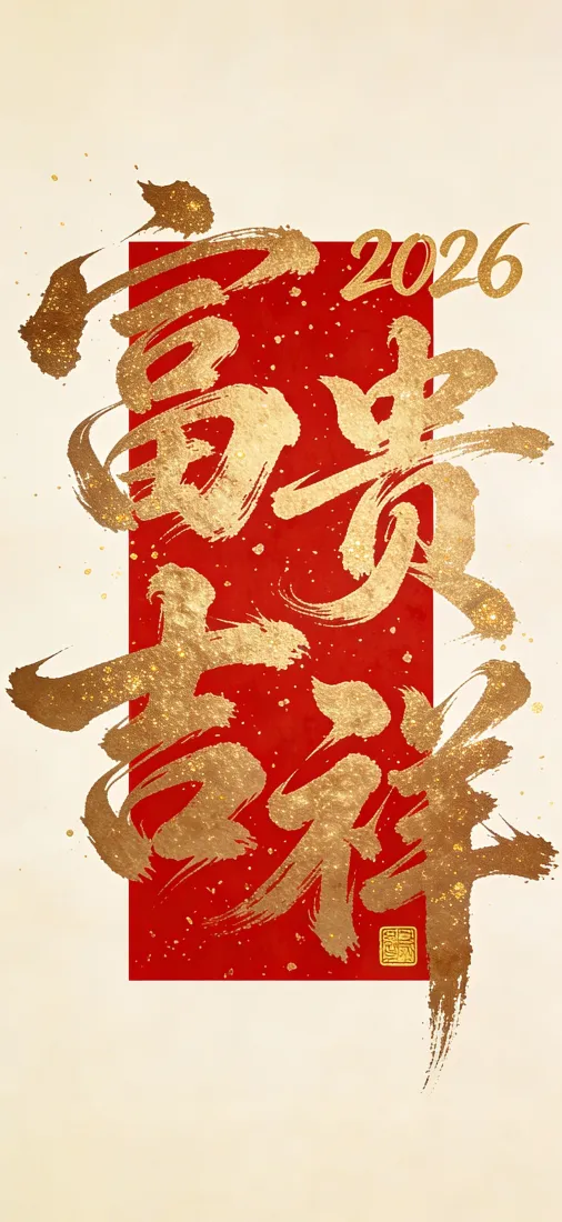 米白背景上红底金字书法“富贵吉祥”，右上角标注2026，点缀金粉。