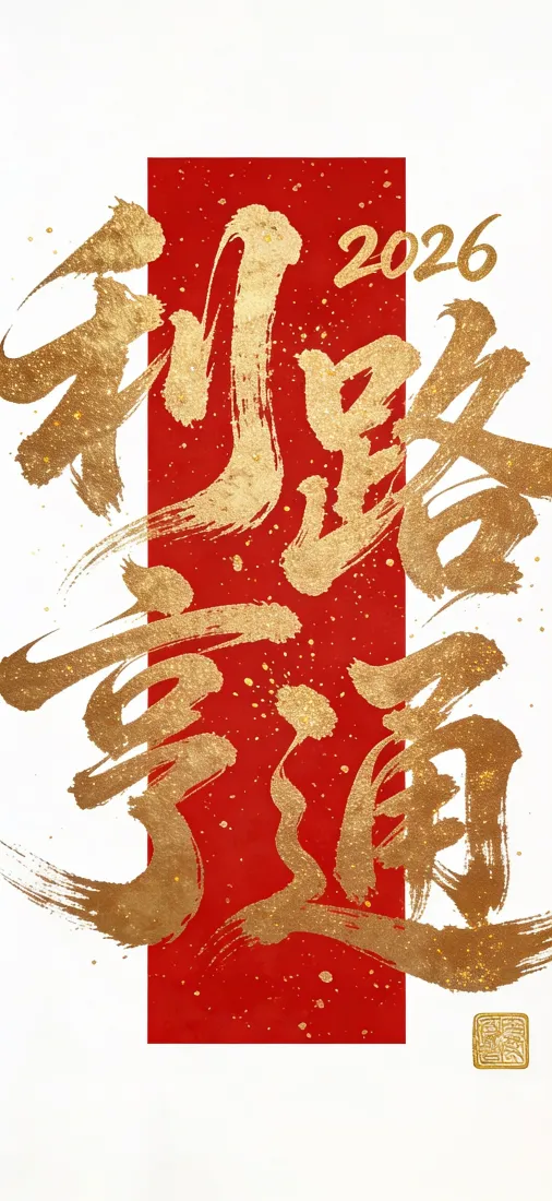 白色背景中央红色竖条上，金色毛笔书法书写利路亨通，右上角标注2026。