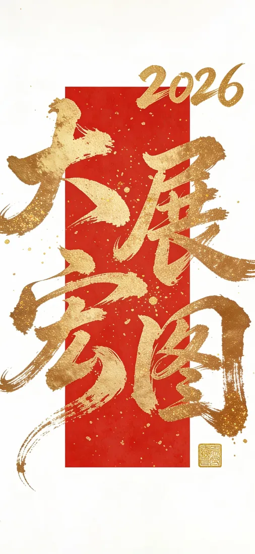 白底配红底洒金竖幅，金色毛笔书法书写大展宏图与2026字样