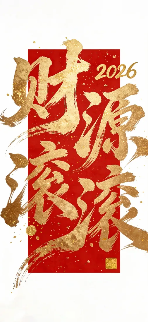 白底红底配金色毛笔书法财源滚滚，点缀金粉与2026字样的新年壁纸
