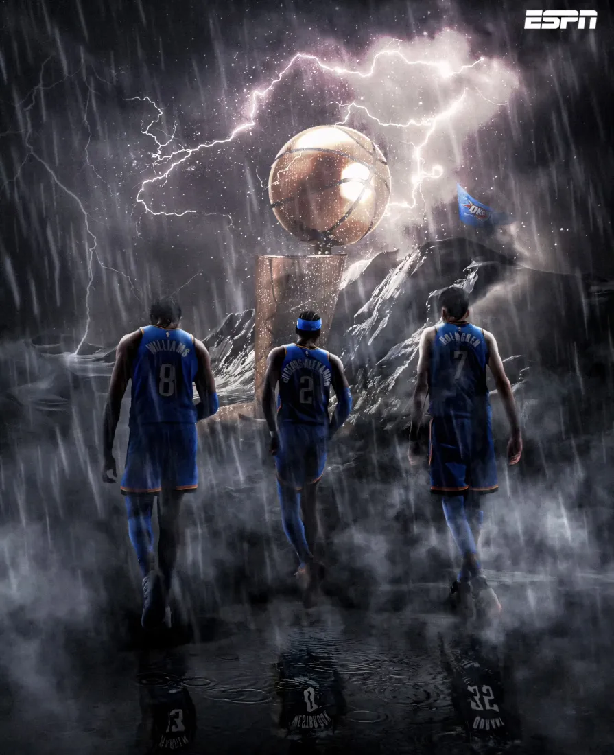 雨夜雷电下三名篮球运动员背影走向发光的冠军杯，右上角有ESPN标识