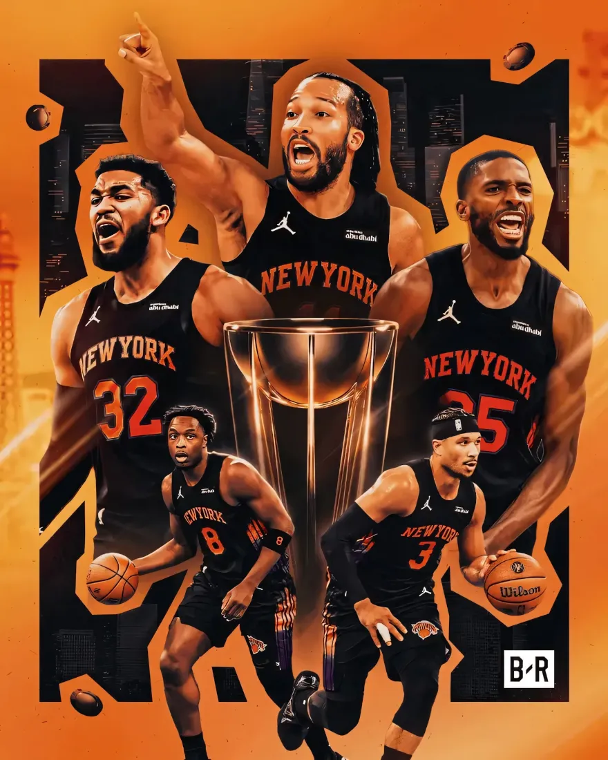 橙色背景的纽约尼克斯球员群像插画，搭配NBA奖杯与B/R标识。
