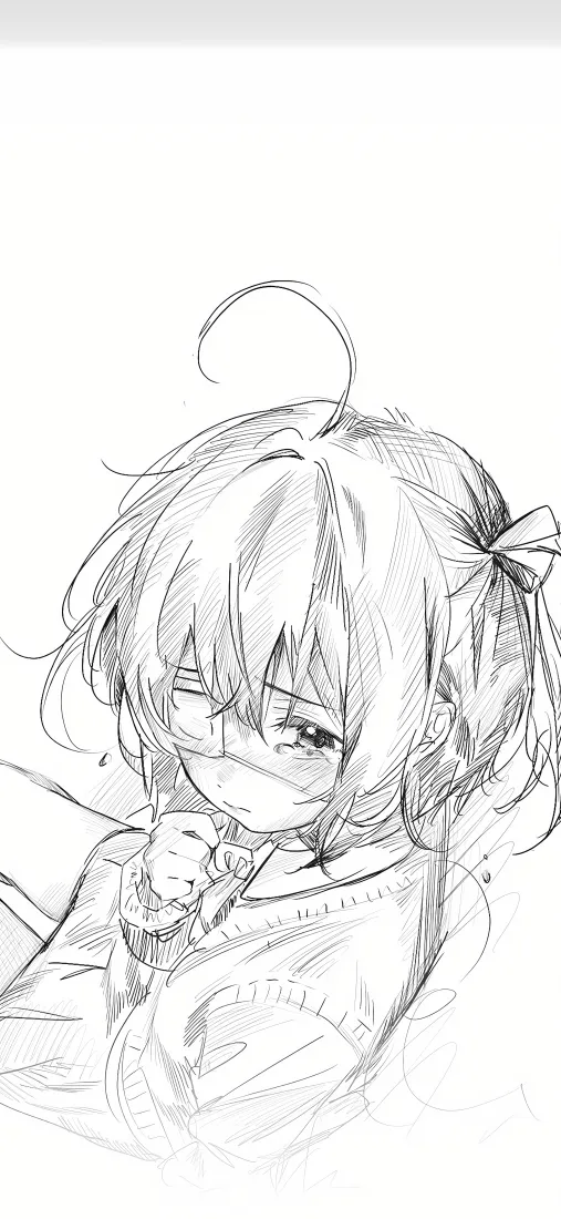 黑白线稿绘制的小鸟游六花，单马尾配蝴蝶结，神态腼腆，顶部留有大面积空白。