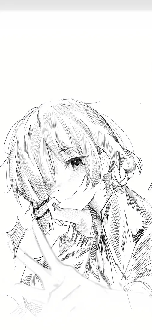 《孤独摇滚》山田凉黑白线稿半身像，手抵唇边带浅笑，上方留白充足。