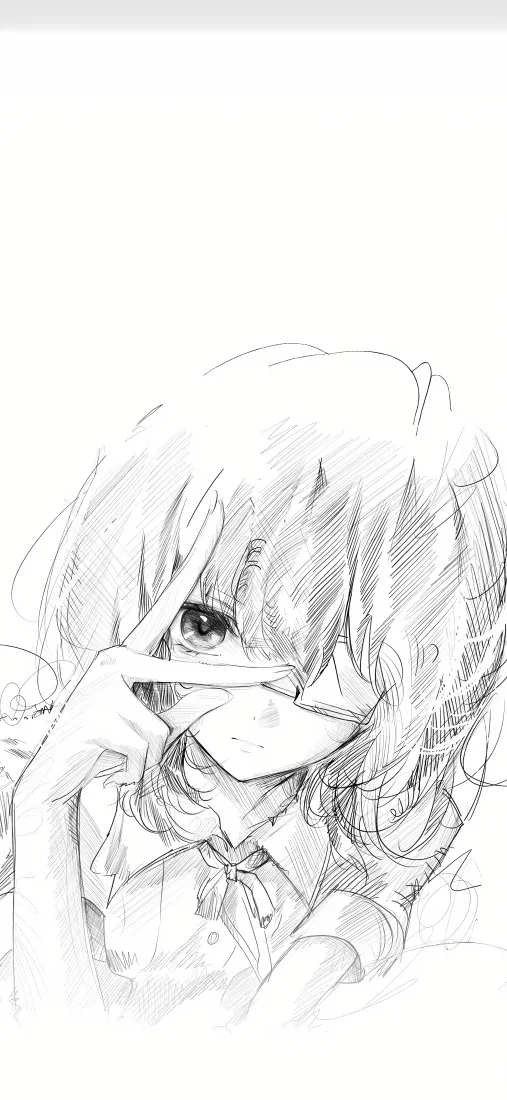 见崎鸣黑白铅笔线稿，以手指遮挡单眼，身着校服，背景留白。