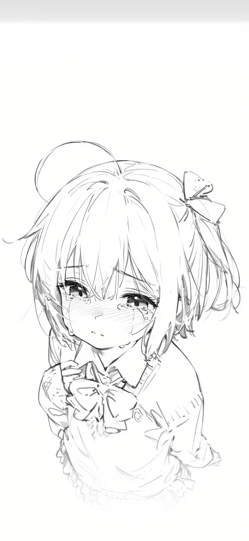 黑白线稿手绘的小鸟游六花，身着校服，眼含泪水神情委屈。