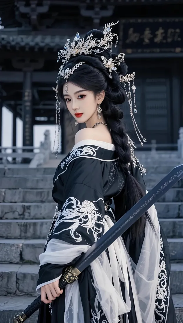 身着黑白古风汉服的女子持长剑立于古建筑石阶前，回头望向镜头。