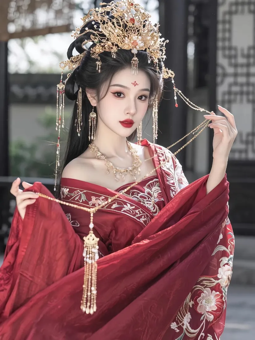 身着红色刺绣汉服、头戴华丽金饰流苏发冠的女子立于中式古建前