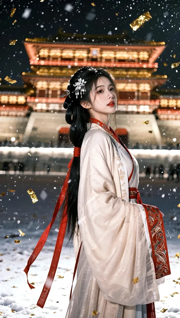 雪夜宫殿前，身着米白汉服配红飘带的女子回眸，金箔飘落。