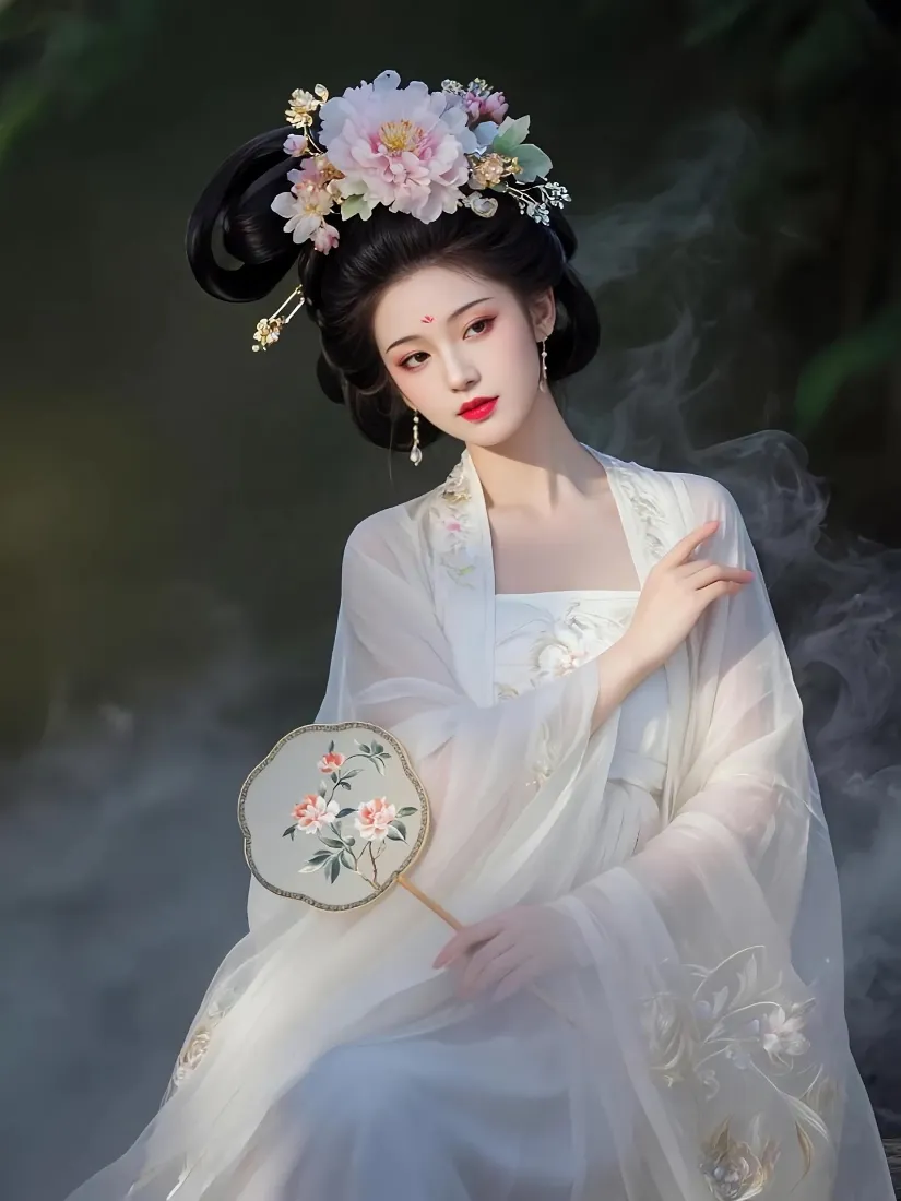 身着白色汉服的女子头戴牡丹发饰，手持绣花团扇，立于朦胧烟雾林间。