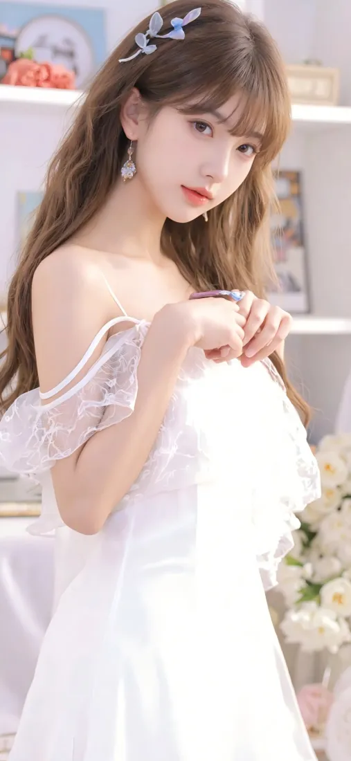 室内场景中，穿白色露肩连衣裙的长发卷发美女，佩戴蓝色发夹与耳饰，背景虚化。