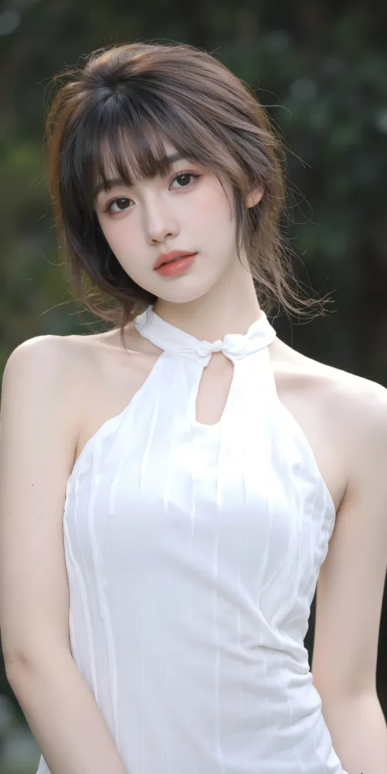 户外绿植背景前，穿白色挂脖裙的齐刘海短发年轻女性半身写真