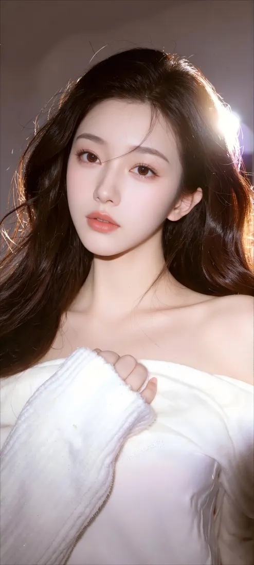暗调背景下，长发白衣女性半身近景，柔和逆光勾勒发丝轮廓。