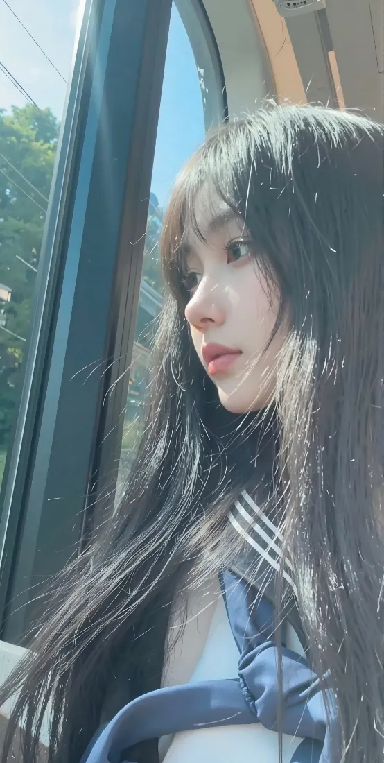 穿JK制服的黑发长发女生在车窗边侧脸望向窗外，户外阳光绿植背景