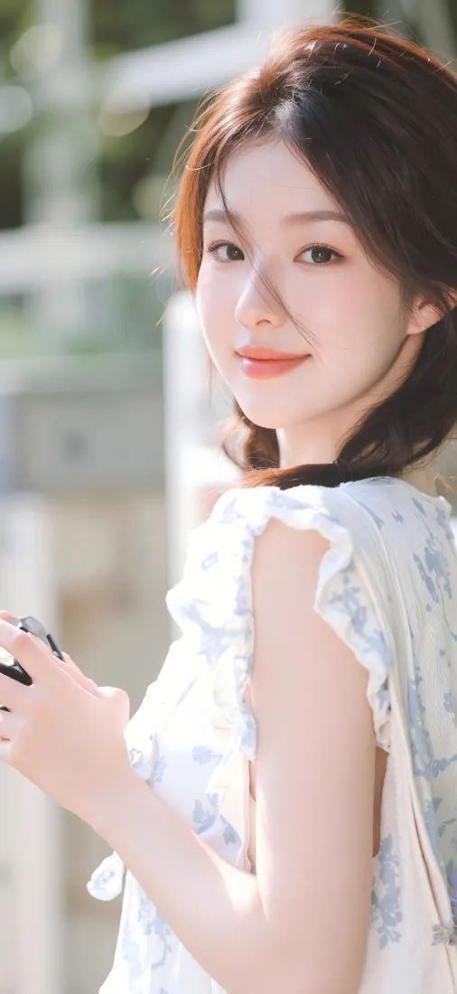 户外虚化绿植背景下，穿蓝白碎花裙的年轻女子手持手机回眸浅笑