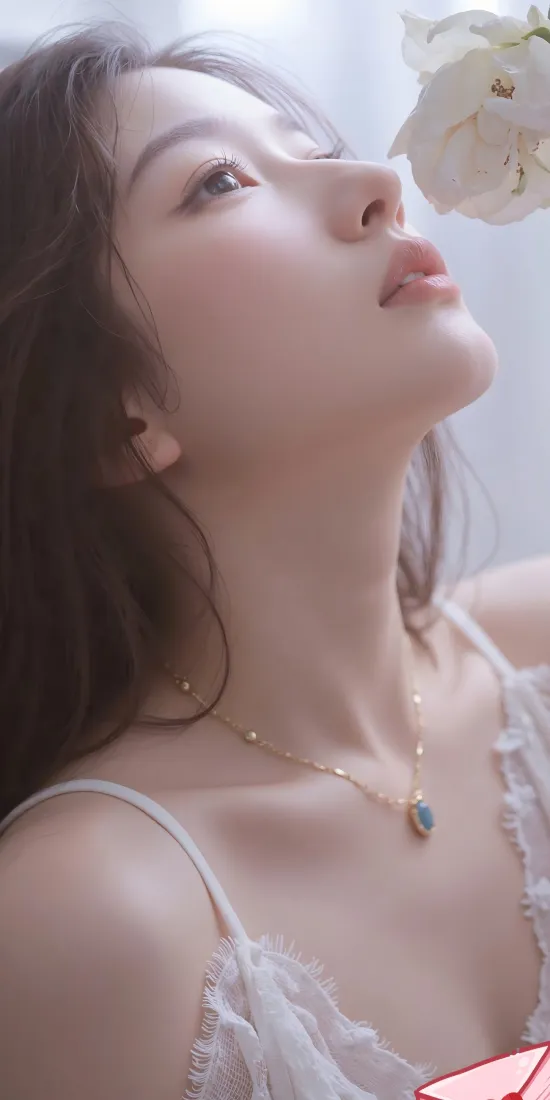 长发女子仰头，身着蕾丝吊带佩戴蓝坠项链，旁侧有白色花朵，氛围柔美清新