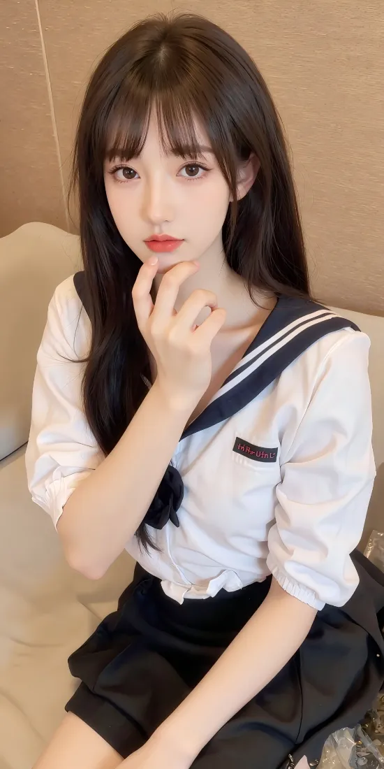 长发少女穿水手服JK制服，坐于米色沙发上，手托下巴看向镜头。
