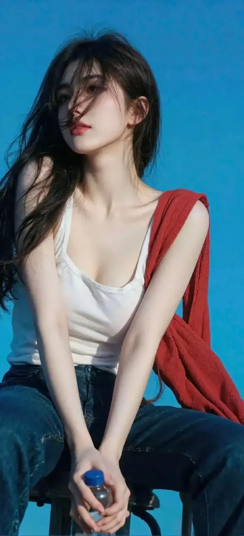 长发女子坐于纯蓝背景前，穿白背心搭红披肩牛仔裤，手持水瓶。