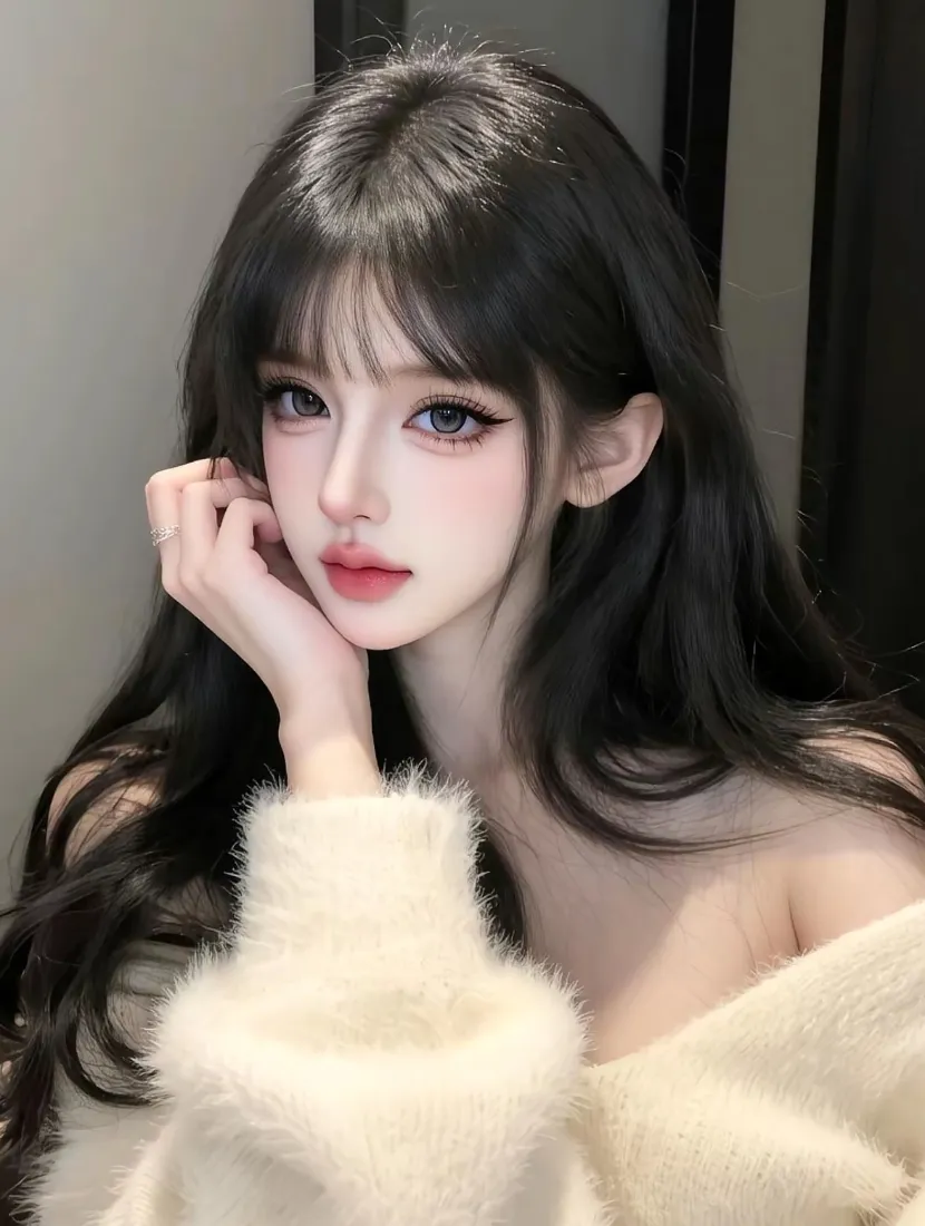 黑发长发女子手托脸颊，身着米白毛绒露肩衣，妆容精致，背景简洁。