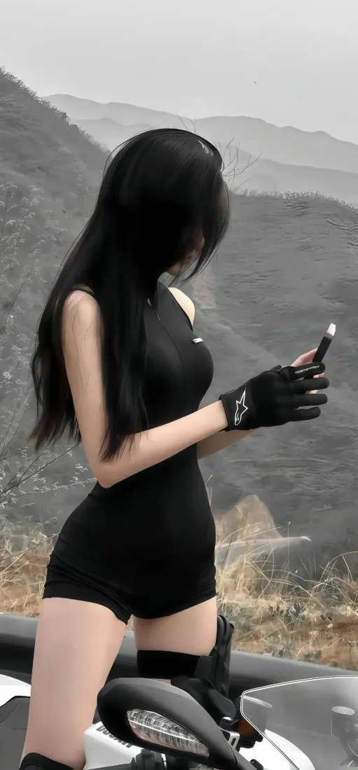 黑衣长发女子站在摩托车旁，手持手机，背景是朦胧山景。