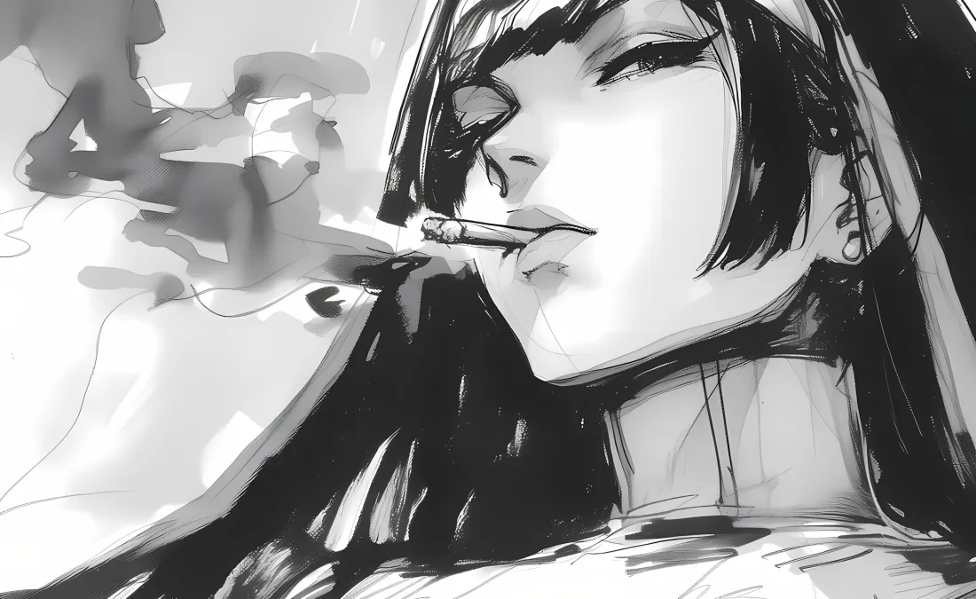 黑白手绘风格，戴头巾的女性侧脸叼着香烟，左侧有烟雾缭绕