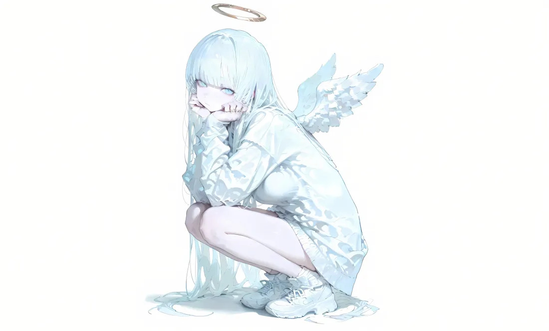 浅蓝长发带光环与翅膀的天使少女蹲姿，托腮闭眼，纯白背景