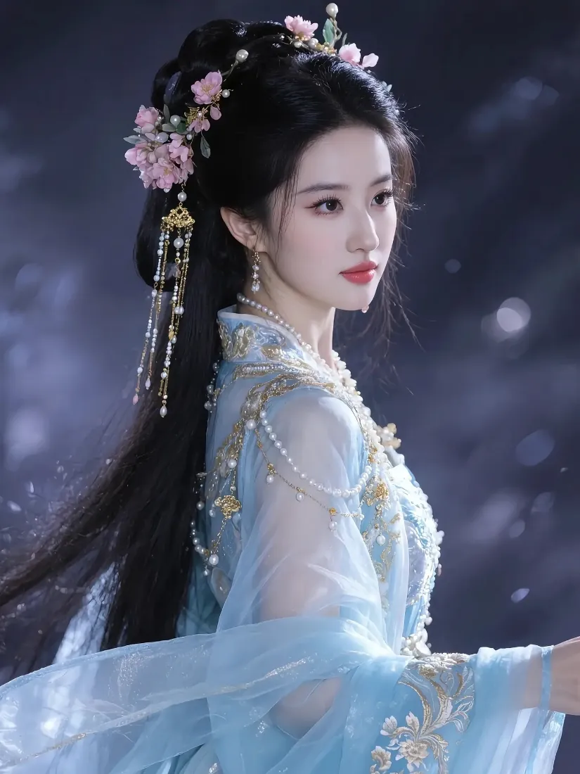 身着浅蓝色汉服、头戴粉色花饰发簪的古风女子，背景朦胧梦幻。