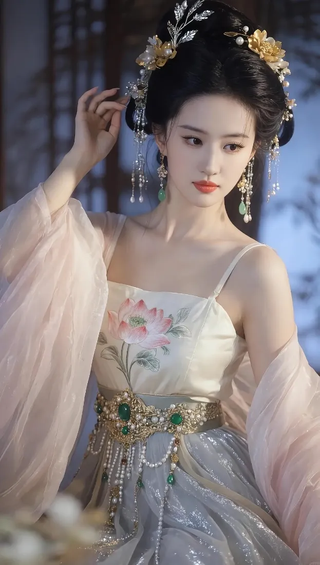 身着粉白汉服襦裙的女子，佩戴精致发饰与流苏耳饰，立于朦胧蓝调背景前。