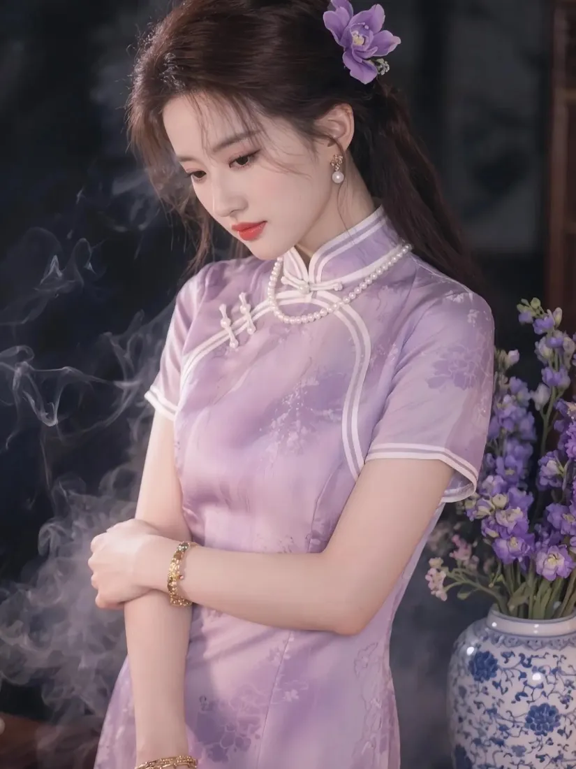 身着淡紫色旗袍的温婉女子，发簪紫花，旁置青花瓷瓶与紫花，烟雾缭绕。