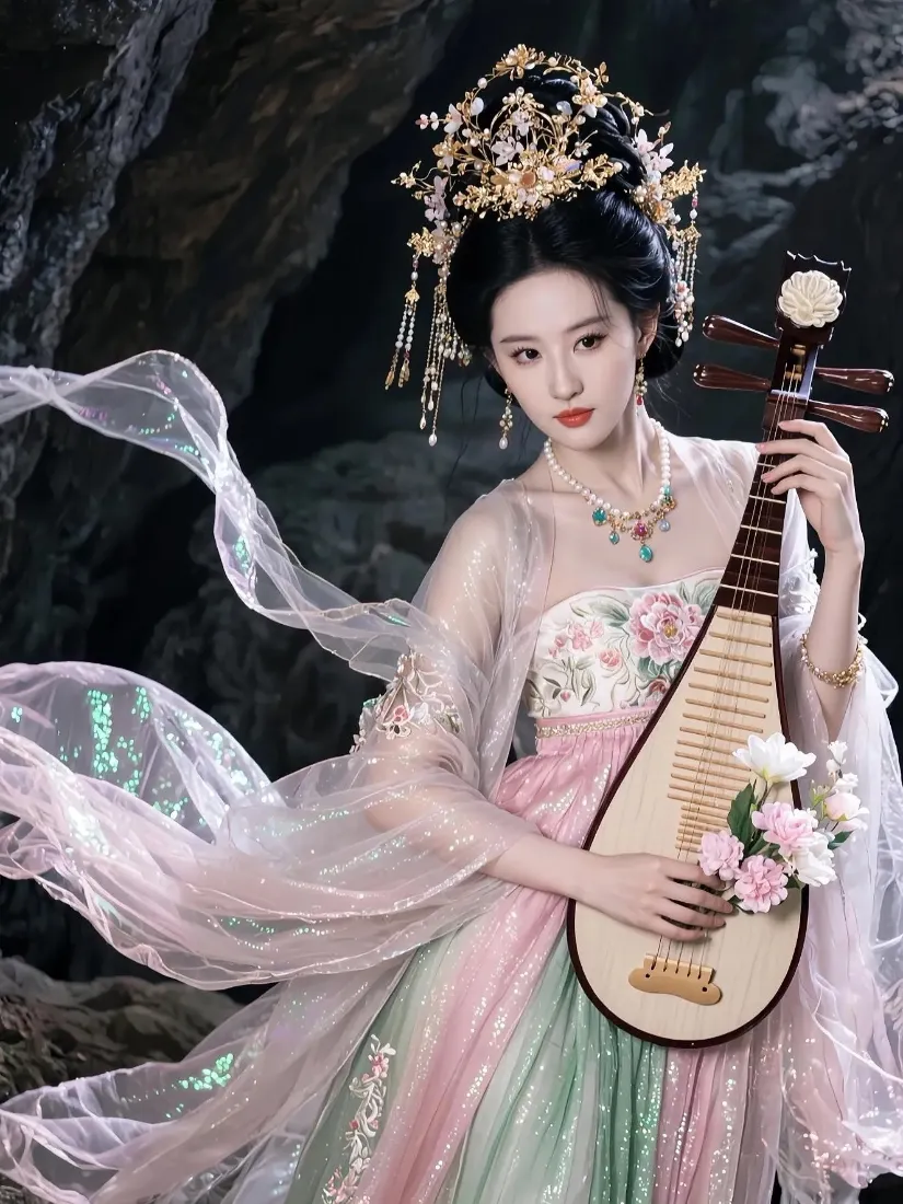 山洞背景中，身着粉绿渐变汉服的女子怀抱琵琶，头戴华丽金饰，纱裙飘逸。