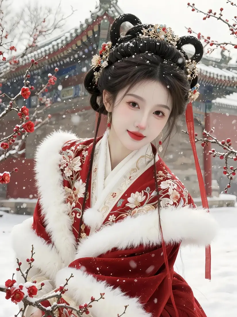 红衣毛领汉服女子立于落雪红梅与中式古建庭院中，发髻精致。