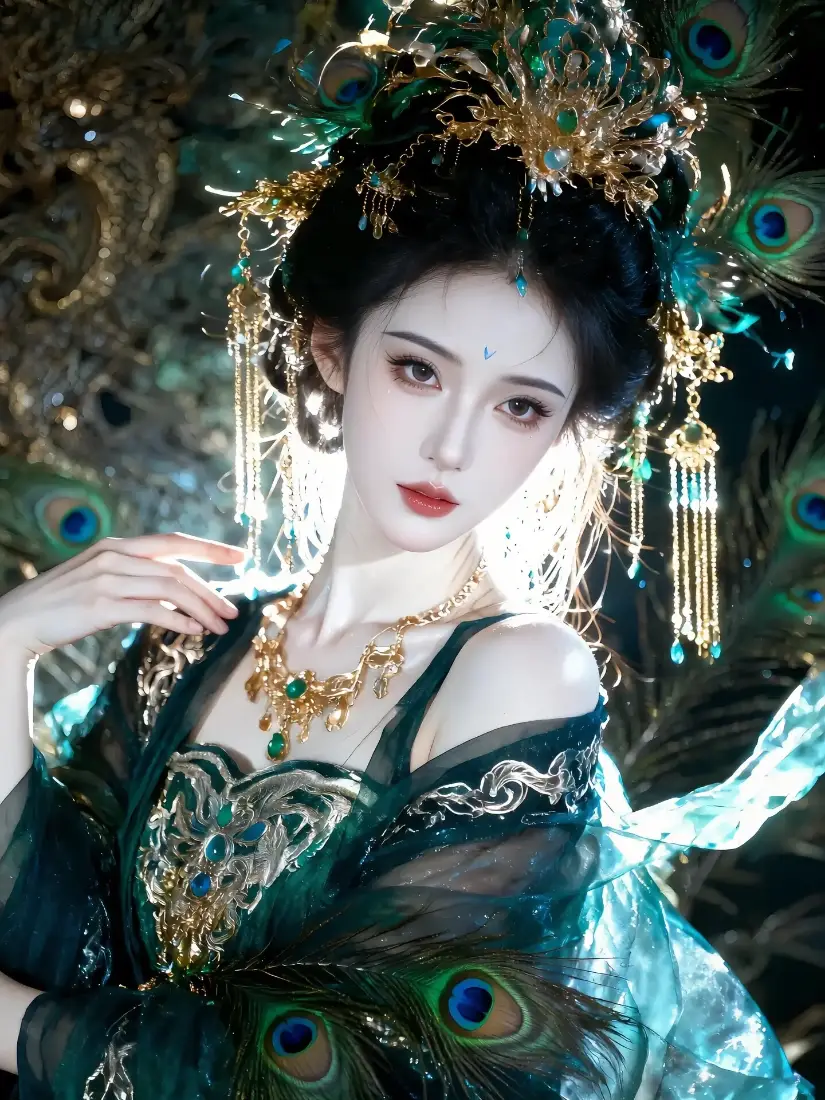身着孔雀元素绿衣的古风女子，头戴金饰流苏发冠，背景为孔雀羽毛。