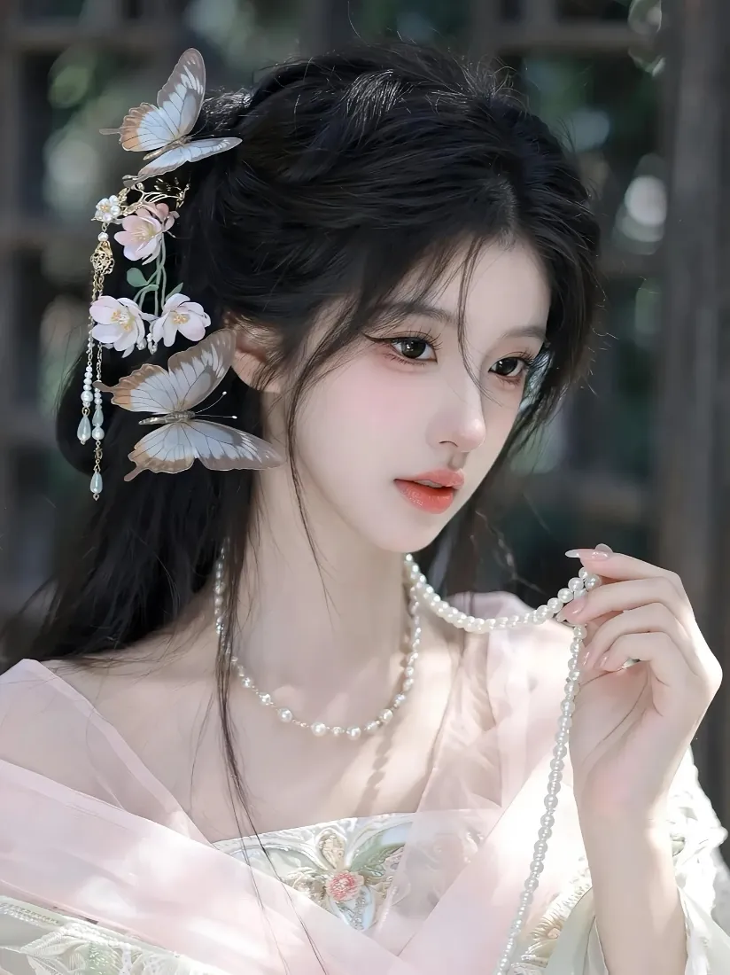 身着浅粉色古风服饰的女子，佩戴蝴蝶花朵发饰与珍珠项链，立于虚化的中式庭院木格窗前。