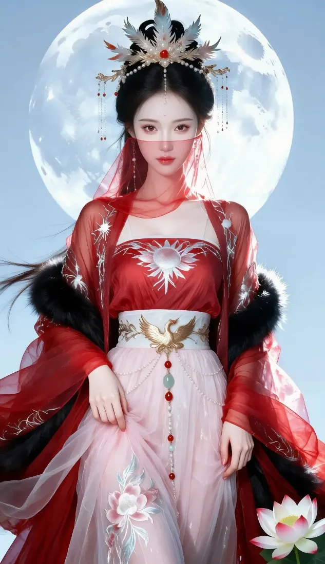 红衣粉裙古风女子立于满月前，面纱遮面，右下角点缀粉白莲花。