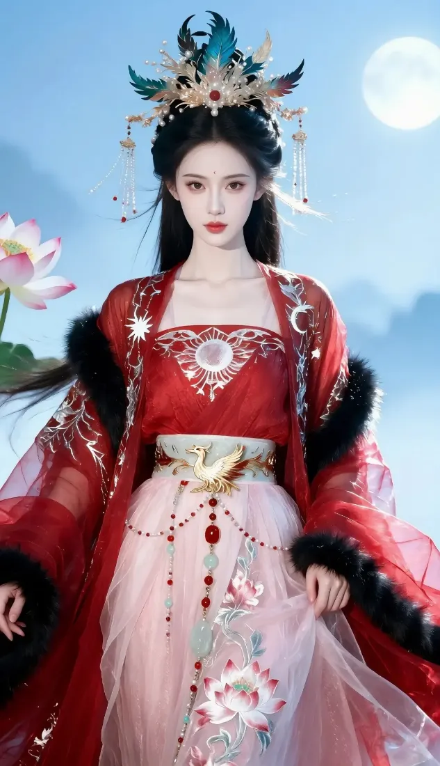 红衣古风女子立于月夜山水间，头戴华丽凤冠，身旁有荷花点缀。