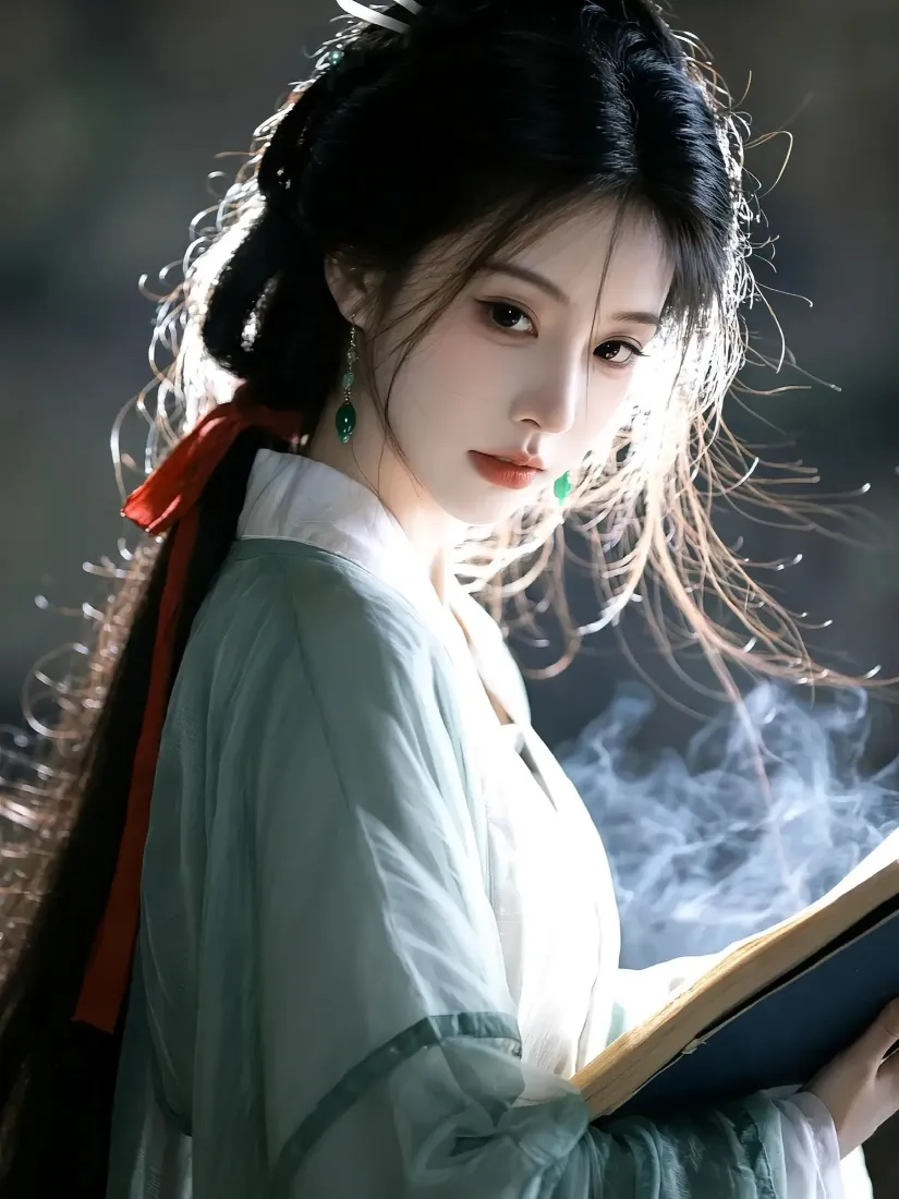 身着浅绿色汉服的女子手持书卷，红丝带束发，背景朦胧烟雾缭绕。