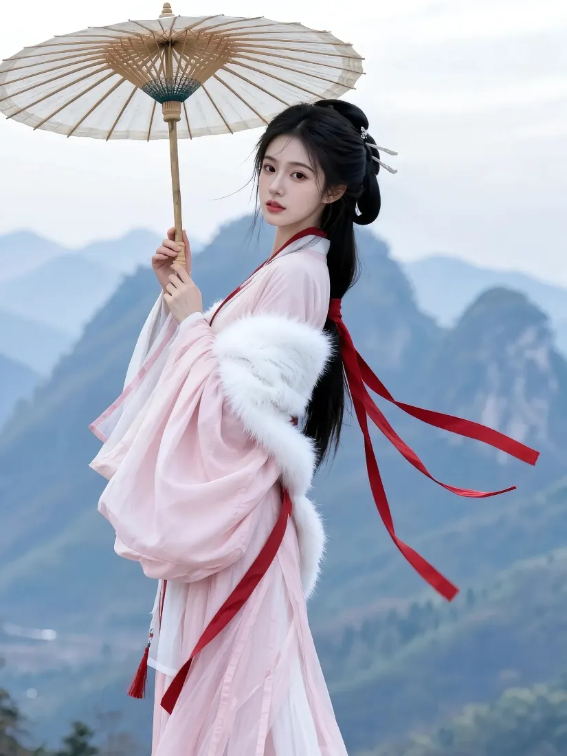 身着粉色汉服的女子手持油纸伞立于雾霭山峦前，发间红丝带随风轻扬。