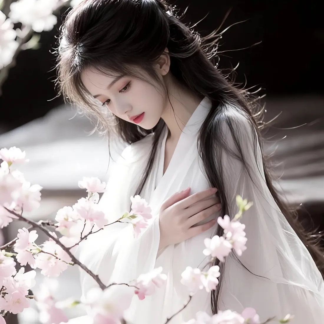 白衣汉服女子立于粉色花树旁，垂眸温婉，发丝轻扬，氛围仙气淡雅。