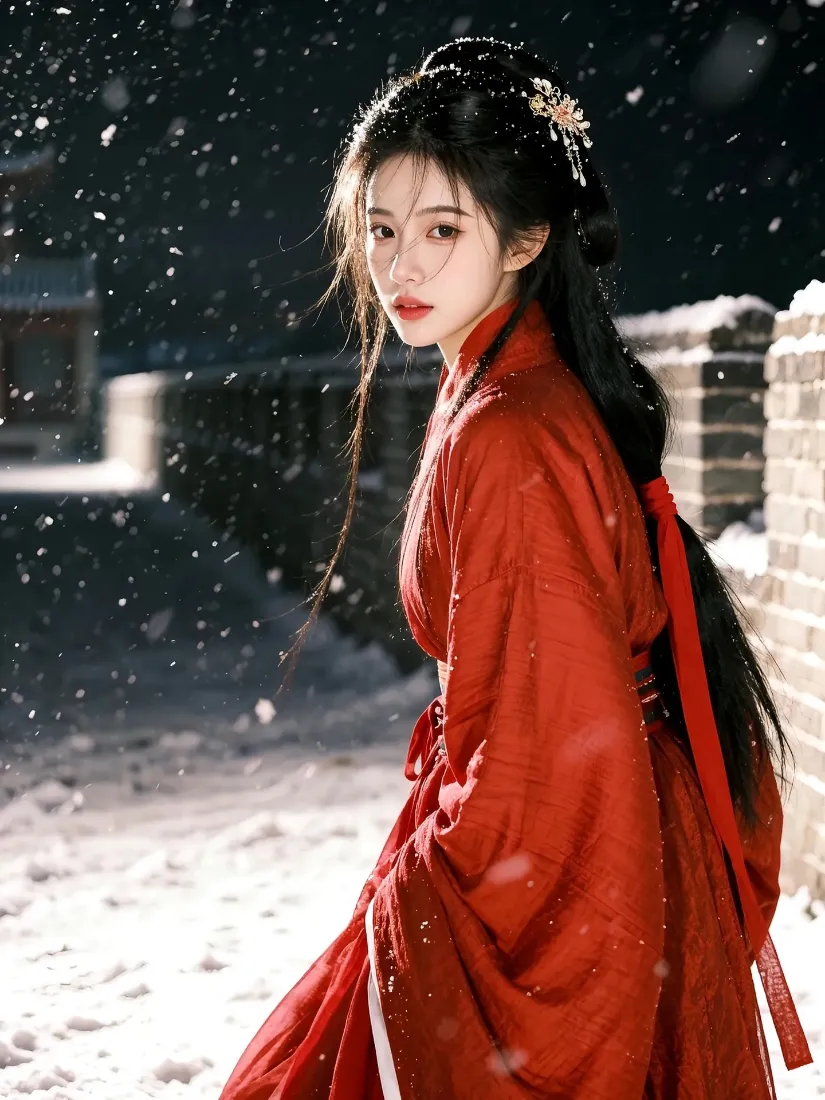 红衣古装女子立于落雪的古城墙旁，夜色中回眸望向镜头。