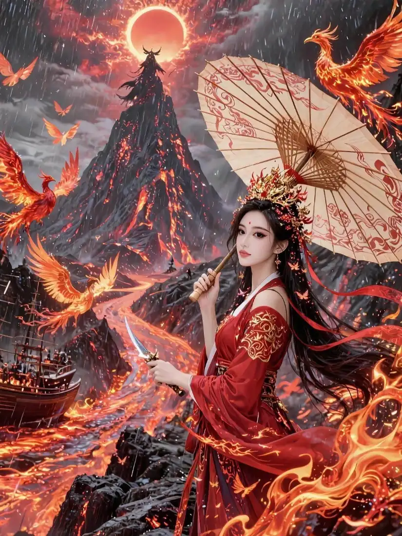 红衣古装女子持油纸伞与短刃，立于火山熔岩间，火凤凰环绕，红日悬于山巅。
