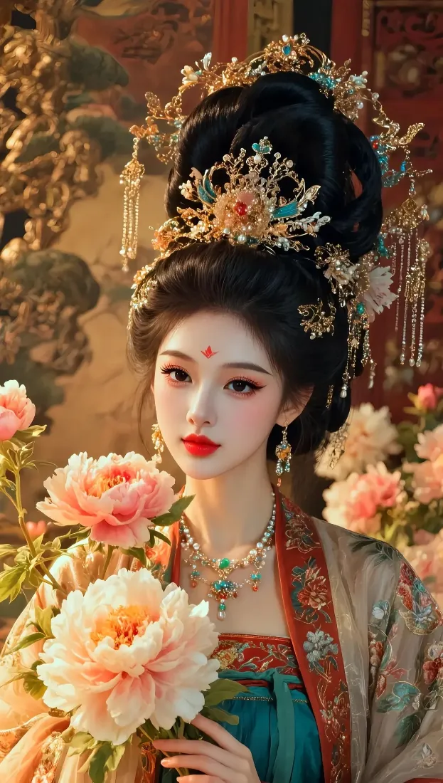 唐代古装女子高髻珠翠发饰，手持粉白牡丹，背景古建暖光朦胧。
