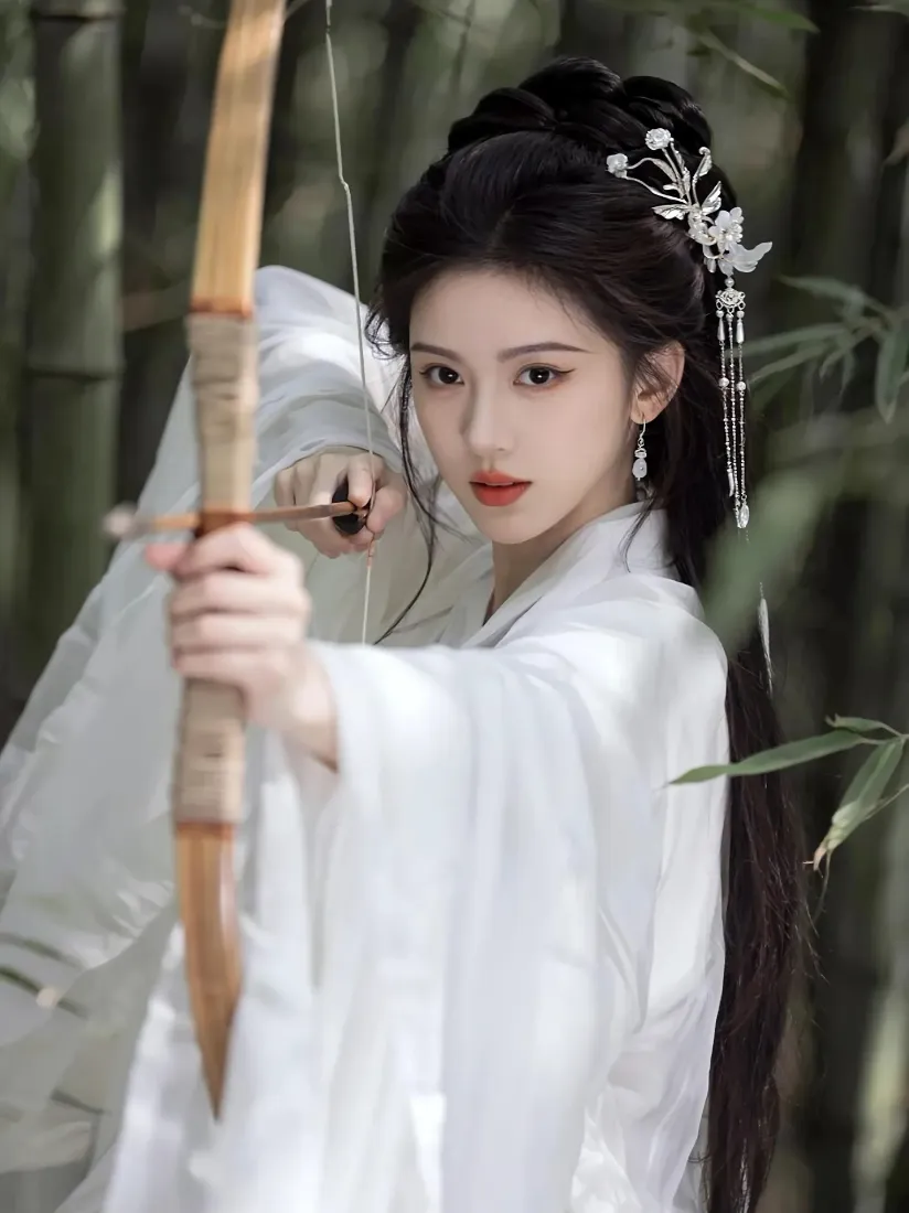竹林中身着白衣汉服的女子持木弓拉箭，佩戴银质流苏发饰，背景虚化。
